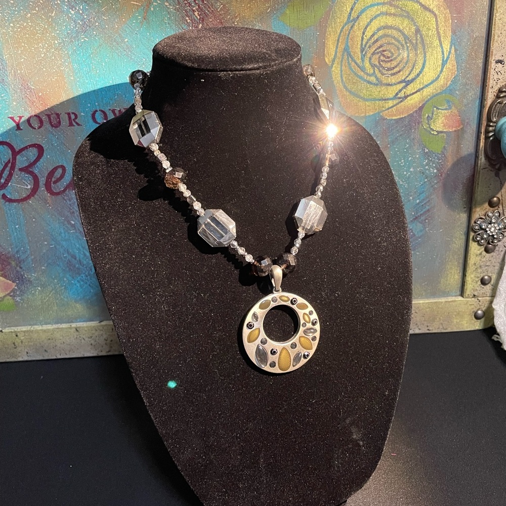 Silver Glass & Hematite Beaded Necklace w/ Encrusted Circular Pendant